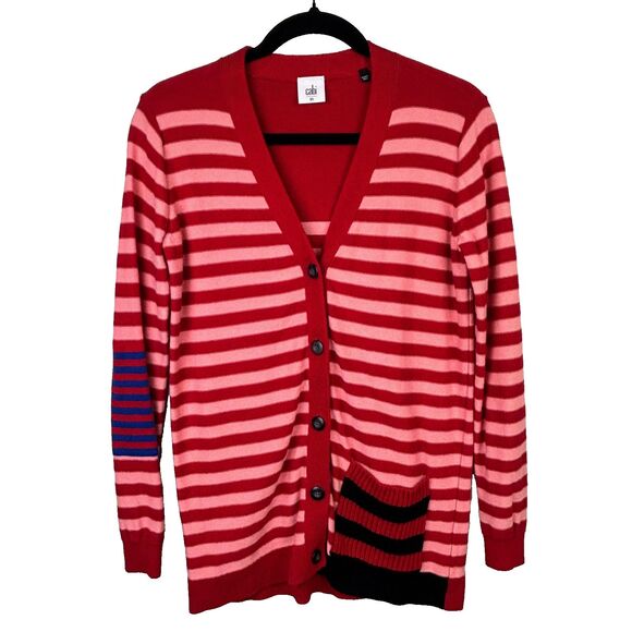 Cabi Picnic Cardigan Button Front Knit Cotton Red Pink Blue Striped Long Slv XS - Picture 3 of 14